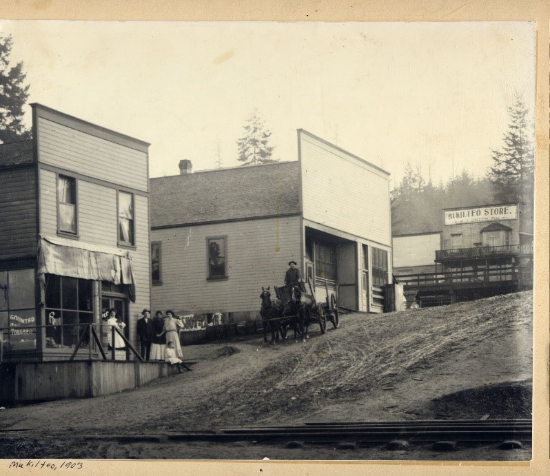Brennan's Store, Hadenfeldt Theater, and N.J. Smith's Mukilteo Store on Park Avenue.