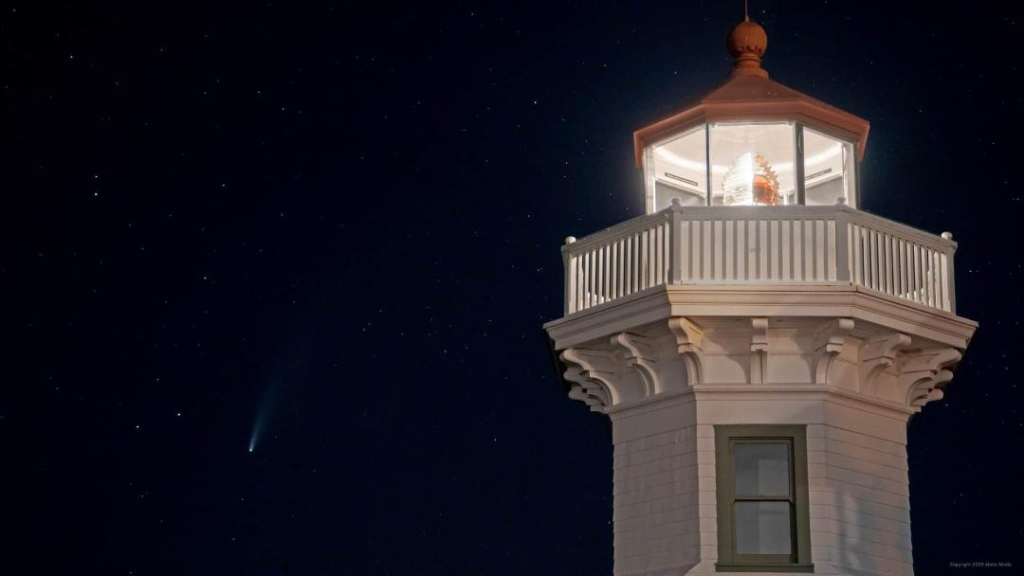Comet NEOWISE Glimpsed Over Lighthouse